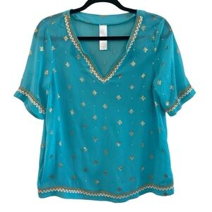 Teal Women’s Blouse with Gold Accents and Trim size M